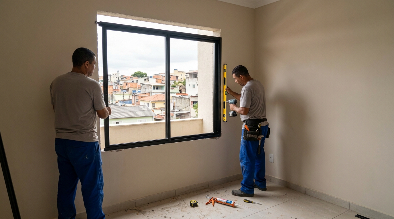 Esquadria de alumínio em quarto bege em Rio Branco-AC