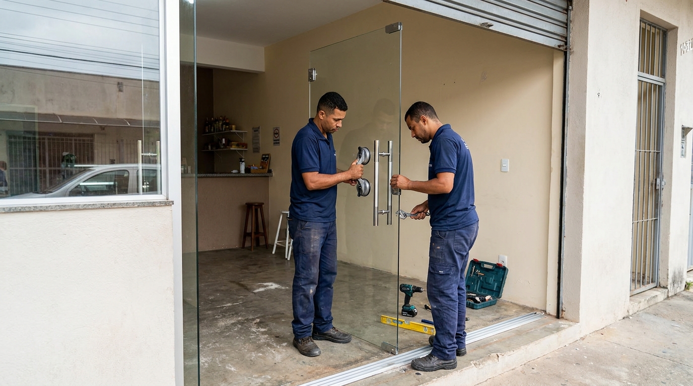 Dupla instalando porta de vidro em loja em Rio Branco-AC